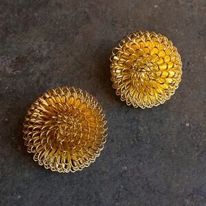 Vtg 50s 60s Yellow Gold Toned Floral Bloom Wire Metal Clip On Earrings